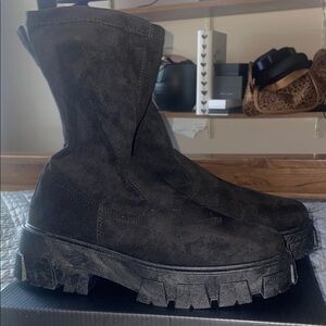 Black Chunky Faux Suede Chelsea Boots